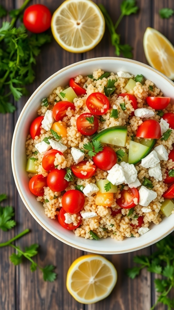 A colorful Mediterranean quinoa salad with tomatoes, cucumbers, parsley, and feta cheese in a bowl on a wooden table.